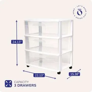 HOMZ Drawer Tower, 3-Tier Wide Clear Plastic Storage Organizer Cart, White Frame