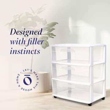 HOMZ Drawer Tower, 3-Tier Wide Clear Plastic Storage Organizer Cart, White Frame