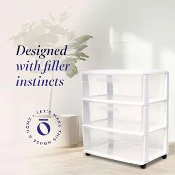 HOMZ Drawer Tower, 3-Tier Wide Clear Plastic Storage Organizer Cart, White Frame