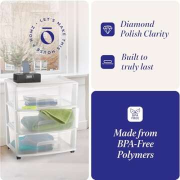 HOMZ Drawer Tower, 3-Tier Wide Clear Plastic Storage Organizer Cart, White Frame