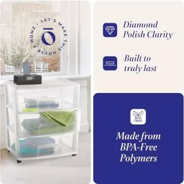 HOMZ Drawer Tower, 3-Tier Wide Clear Plastic Storage Organizer Cart, White Frame