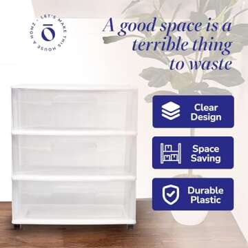 HOMZ Drawer Tower, 3-Tier Wide Clear Plastic Storage Organizer Cart, White Frame