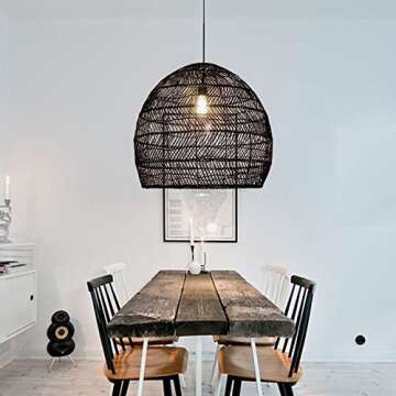 Arturesthome Kitchen Island Light, Rattan Woven Pendant Light Shades, Handmade Hanging Ceiling Lamp Crafts Basket Lampshade (45cmx45cm, Black)