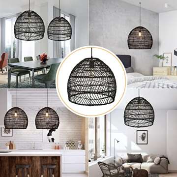 Arturesthome Kitchen Island Light, Rattan Woven Pendant Light Shades, Handmade Hanging Ceiling Lamp Crafts Basket Lampshade (45cmx45cm, Black)
