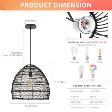 Arturesthome Kitchen Island Light, Rattan Woven Pendant Light Shades, Handmade Hanging Ceiling Lamp Crafts Basket Lampshade (45cmx45cm, Black)