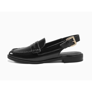 Coutgo Women's Slingback Loafers Comfortable Pointed Toe Chunky Low Heel Adjustable Buckle Strap Flat Shoes, Black, Size 7.5