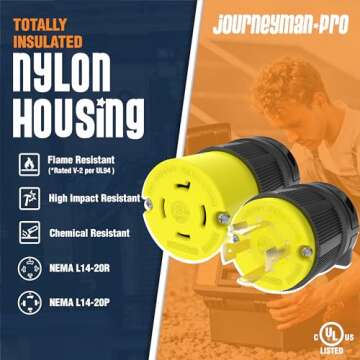 Journeyman-Pro 20 Amp, Plug & Connector Set, NEMA L14-20R & L14-20P, 125/250V, Locking Plug Socket, ...