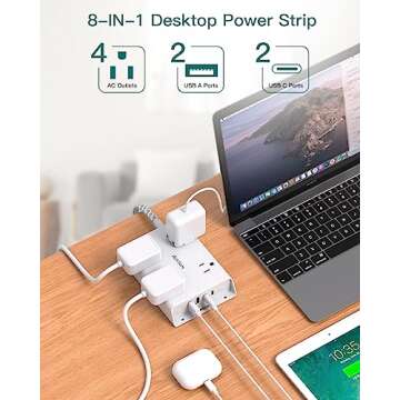 Surge Protector Power Strip, Addtam 5 ft Flat Plug Extension Cord with 4 USB Wall Charger(2 USB C Po...
