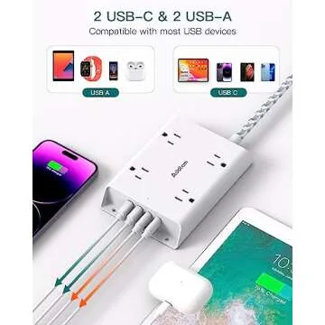 Surge Protector Power Strip, Addtam 5 ft Flat Plug Extension Cord with 4 USB Wall Charger(2 USB C Port), 4 Widely Outlets Desk Charging Station, Home Office and College Dorm Room Essentials