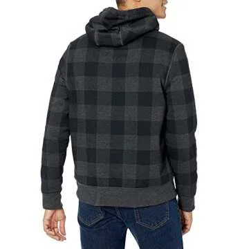 Amazon Essentials Men's Hoodies, Sherpa-Lined Pullover, Charcoal Buffalo Plaid, Medium