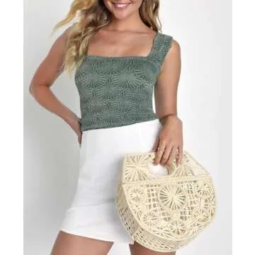Women's Square Neck Wide Strap Crop Tank Tops Flower Spring Summer Going Out Tops Slim Fit Lettuce Trim Crop Cami Tops Dark Green, L/XL