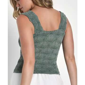 Women's Square Neck Wide Strap Crop Tank Tops Flower Spring Summer Going Out Tops Slim Fit Lettuce Trim Crop Cami Tops Dark Green, L/XL
