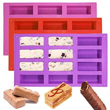 Set of 3, 12 Cavity Medium Narrow Silicone Rectangle Molds, findTop Protein Bars mold Energy Bars Ma...
