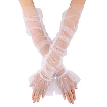Ayliss Women Fingerless Lace Gloves Pearl Wedding Opera Party 1920s Fancy Special Occasion Dress Formal Dancing Cosplay (off white)