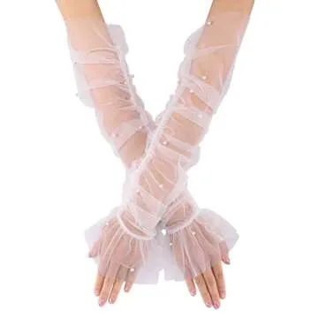 Ayliss Women Fingerless Lace Gloves Pearl Wedding Opera Party 1920s Fancy Special Occasion Dress Formal Dancing Cosplay (off white)
