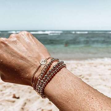 Reoxvo Stack Gold Beaded Bracelets Set - Non Tarnish 14k Gold Fashionable Handcrafted Jewelry