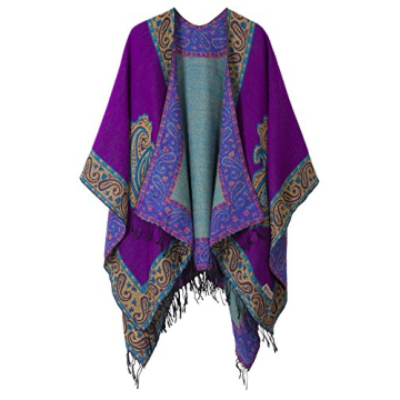 Urban CoCo Women's Vintage Pattern Tassel Poncho in Purple - Fashion Forward