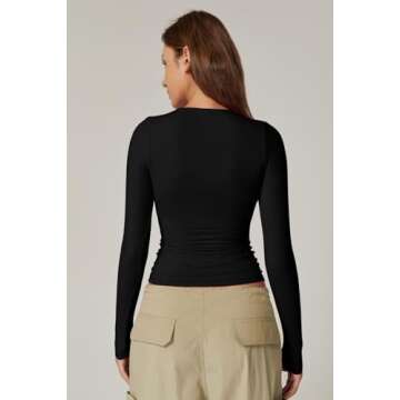 QINSEN Women's Square Neck T Shirt Slim Fit Long Sleeve Going Out Tops Stretchy Basic Tees Black M