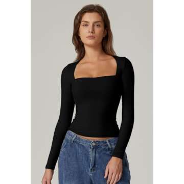 QINSEN Women's Square Neck T Shirt Slim Fit Long Sleeve Going Out Tops Stretchy Basic Tees Black M