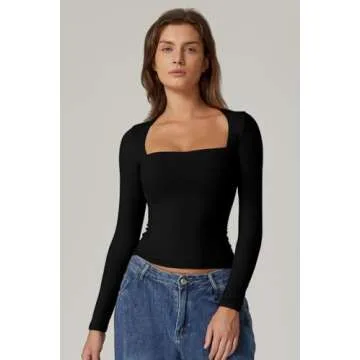 QINSEN Women's Square Neck T Shirt Slim Fit Long Sleeve Going Out Tops Stretchy Basic Tees Black M