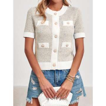 Langwyqu Womens Short Sleeve Button Down Cardigans Sweater Cropped Lightweight Crew Neck Elegant Tops Apricot