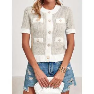 Langwyqu Womens Short Sleeve Button Down Cardigans Sweater Cropped Lightweight Crew Neck Elegant Tops Apricot