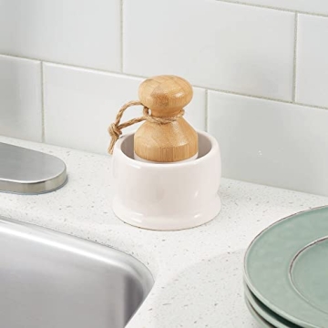mDesign Bamboo Round Scrub Brush with Holder for All Cleaning