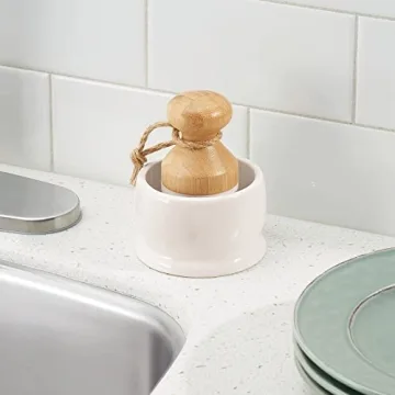 mDesign Bamboo Round Scrub Brush with Holder for All Cleaning