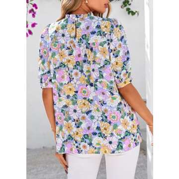 PRETTYGARDEN Floral Tops for Women Blouses Dressy Casual 2025 Summer Trendy Outfits Boho Pleated Short Sleeve Shirts (Floral Purple Pink,Medium)