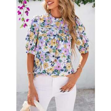 PRETTYGARDEN Floral Tops for Women Blouses Dressy Casual 2025 Summer Trendy Outfits Boho Pleated Short Sleeve Shirts (Floral Purple Pink,Medium)
