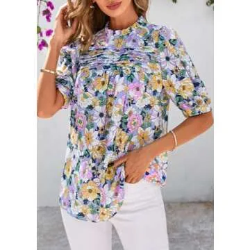 PRETTYGARDEN Floral Tops for Women Blouses Dressy Casual 2025 Summer Trendy Outfits Boho Pleated Short Sleeve Shirts (Floral Purple Pink,Medium)
