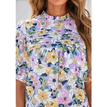 PRETTYGARDEN Floral Tops for Women Blouses Dressy Casual 2025 Summer Trendy Outfits Boho Pleated Short Sleeve Shirts (Floral Purple Pink,Medium)