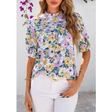 PRETTYGARDEN Floral Tops for Women Blouses Dressy Casual 2025 Summer Trendy Outfits Boho Pleated Short Sleeve Shirts (Floral Purple Pink,Medium)