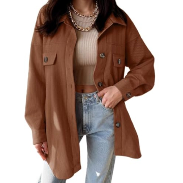VICHYIE Womens Shirts Shacket Casual Long Sleeve Corduroy Lapel Oversized Button Down Blouses Tops C...
