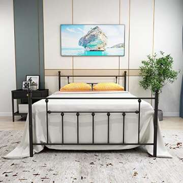 HOJINLINERO Metal Bed Frame Queen Size with Headboard and Footboard Platform Mattress Base,Metal Tube and Iron-Art Queen Bed,No Box Spring Needed（Queen, Black Sand-Line）