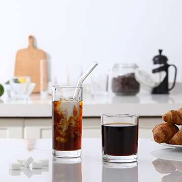 [ 12 Pack ] Glass Cups with Glass Straws, 12oz Highball & Rock Drinking Glasses, Everyday Drinkware Glasses Set, Cute Tumbler Cup, Kitchen Glasses for Iced Coffee, Water, Beer, Cocktail, Whiskey Gift.