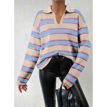 EVALESS Striped Sweater Women V Neck Casual Long Sleeve Ribbed Casual Henley Shirt Contrast Business...