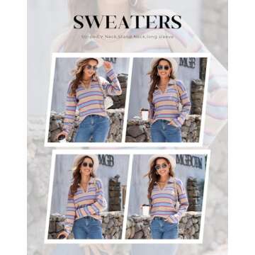 EVALESS Striped Sweater Women V Neck Casual Long Sleeve Ribbed Casual Henley Shirt Contrast Business Warm Tops Knitted Christmas New Year Pullover M Apricot