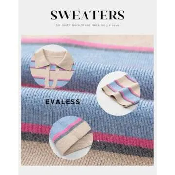 EVALESS Striped Sweater Women V Neck Casual Long Sleeve Ribbed Casual Henley Shirt Contrast Business Warm Tops Knitted Christmas New Year Pullover M Apricot