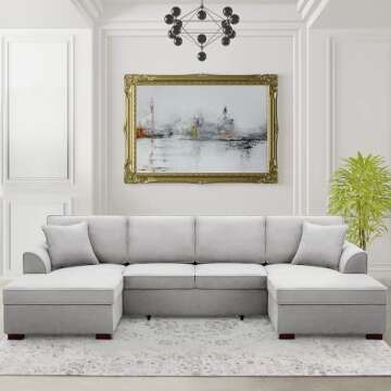 MELLCOM Reversible Sectional Sofa with Pull-Out Bed, Upholstered U-Shape Sofa with Storage, Sectional Sofa with Chaise Lounge, Convertible Sectional Sofa Couch with Storage, Light Gray