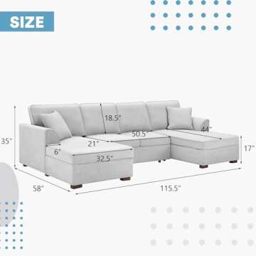 MELLCOM Reversible Sectional Sofa with Pull-Out Bed, Upholstered U-Shape Sofa with Storage, Sectional Sofa with Chaise Lounge, Convertible Sectional Sofa Couch with Storage, Light Gray