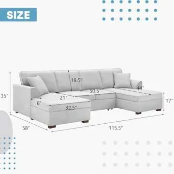 MELLCOM Reversible Sectional Sofa with Pull-Out Bed, Upholstered U-Shape Sofa with Storage, Sectional Sofa with Chaise Lounge, Convertible Sectional Sofa Couch with Storage, Light Gray