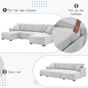 MELLCOM Reversible Sectional Sofa with Pull-Out Bed, Upholstered U-Shape Sofa with Storage, Sectional Sofa with Chaise Lounge, Convertible Sectional Sofa Couch with Storage, Light Gray