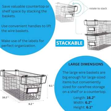 Granrosi Stackable Large Wire Baskets for Organizing — Set of 2 Snack & Chips Organizer for Pantry; Wire Storage Baskets with Handles; Large Bronze Chip Storage for Pantry