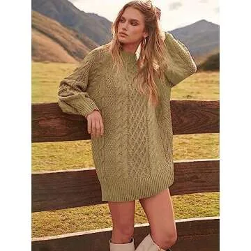 ANRABESS Women Long Sleeve Oversized Cable Knit Chunky Baggy Loose Pullover Tunic Mini Sweater Dress 2024 Trendy Fall Outfits Khaki Small