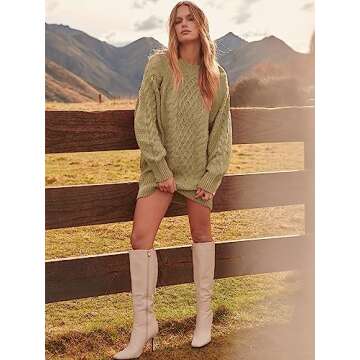 ANRABESS Women Long Sleeve Oversized Cable Knit Chunky Baggy Loose Pullover Tunic Mini Sweater Dress 2024 Trendy Fall Outfits Khaki Small