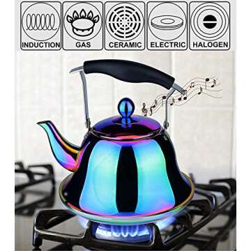 Whistling Tea Kettle with Infuser Stainless Steel Teapot Rainbow Teakettle for Stovetop Induction Stove Top Fast Boiling Heat Water Cute Tea Pot Colorful 2-Liter 2.1-Quart