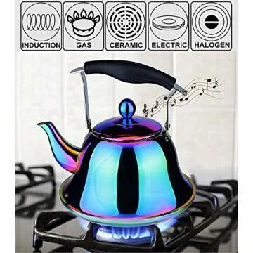 Whistling Tea Kettle with Infuser Stainless Steel Teapot Rainbow Teakettle for Stovetop Induction Stove Top Fast Boiling Heat Water Cute Tea Pot Colorful 2-Liter 2.1-Quart