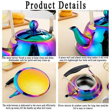 Whistling Tea Kettle with Infuser Stainless Steel Teapot Rainbow Teakettle for Stovetop Induction Stove Top Fast Boiling Heat Water Cute Tea Pot Colorful 2-Liter 2.1-Quart