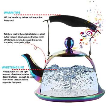Whistling Tea Kettle with Infuser Stainless Steel Teapot Rainbow Teakettle for Stovetop Induction Stove Top Fast Boiling Heat Water Cute Tea Pot Colorful 2-Liter 2.1-Quart